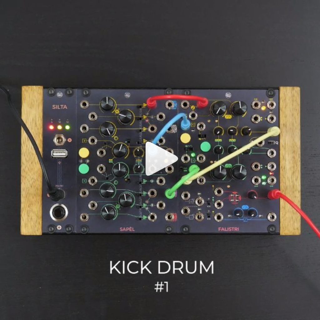 Get a simple but heavy synth kick drum out of your FALISTRI! By using the green generator as oscillator and patching the yellow attenuverted in its V/oct input, you will generate a very snappy drum sound with controls over decay time, pitch modulation and tone! Add some SAPÈL for a wilder sound.