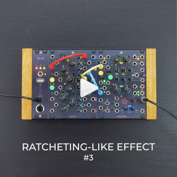What about trying some random repetitions? In this patch, a random ratcheting-like effect is obtained by using SAPÈL’s Random Clock to trig the envelope controlling the amplitude, while the clock density (or the ratcheting number) is varied through cross-patching.