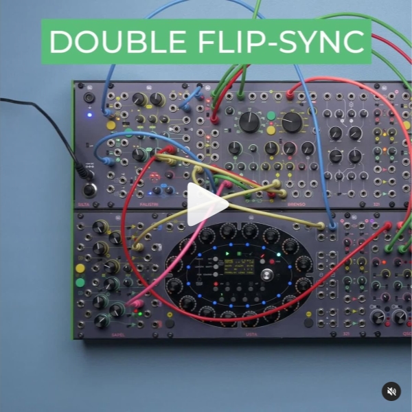 By using the yellow oscillator’s Sync input and setting the PCB jumper to Flip, we can sync the yellow oscillator to an external one. Then, we can also sync the green oscillator to the yellow one!⁠